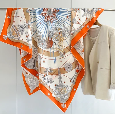 100% Mulberry Silk 53'' Square Scarf Women Neckerchief Wrap Orange wheels Print - Image 1 of 4