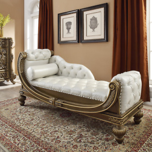 New Luxury Gold & Bronze Bench Traditional Victorian Style Tufted White Leather