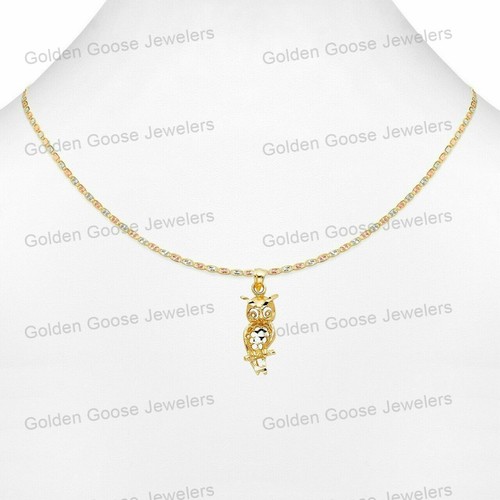 Ciondolo in vero oro giallo 14 kt unisex gufo portafortuna uccellino catena Valentino