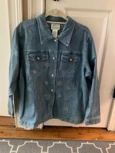 The Quaker Factory Rhinestone Hearts Embellished Denim Jacket Size LARGE - Picture 1 of 5