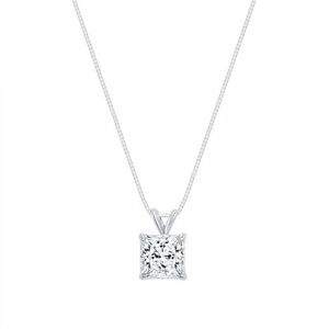 1 Ct Princess Created Diamond Real 14K White Gold Solitaire Pendant 18" Necklace