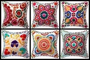 Indian Embroidered Decorative Assorated Suzani Floral Cushion Cover Pillow 16" - Picture 1 of 7