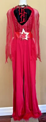 Mujer Rojo Caliente Rockers Mono Disfraz Lentejuelas Plumas OSFM GUITAR HERO Foto 1 de 4