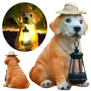 Resin Garden Dog Statues with Straw Hat Solar LED Lantern Adorable Dog Figurines - Picture 1 of 9