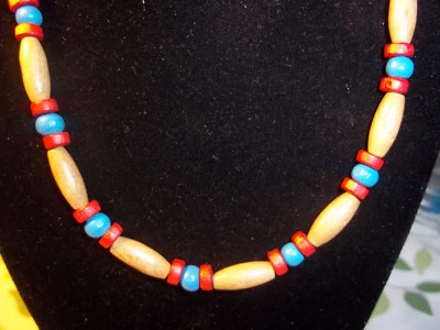 Handmade 19 inch RED and BLUE Wood Bead NECKLACE CHOKER C-78 - Image 1 of 3