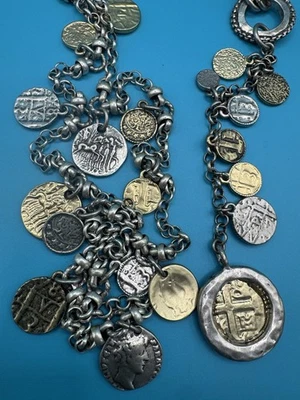Lot Of 2 CHICO'S Two Tone Ancient Coin Style Charm Statement Necklaces Layering - Image 1 of 4