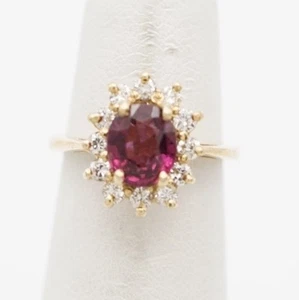 Pink Tourmaline & Halo Diamond Ring. Size 3.5. 14 Karat Yellow Gold - Picture 1 of 11