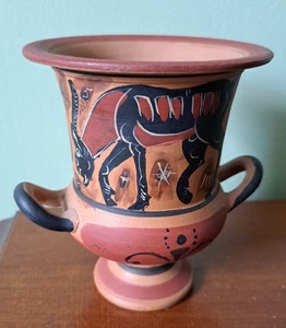 Greek Krater Terracotta Roman Goat Gazelle HandPainted Signd Vase Museum Replica - Picture 1 of 15
