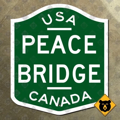 Escudo de señal de tráfico New York Buffalo Canadá Peace Bridge 1965 verde 16x18 Foto 1 de 2