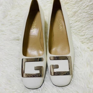 Gucci Pumps Shoes G Mark White Silver Leather Size 38 US About8 For Women - Picture 1 of 13