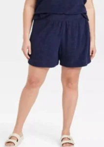 A NEW DAY WOMEN'S SIZE 1X NAVY BLUE TERRY SHORTS PULL ON ELASTIC WAIST - Picture 1 of 4