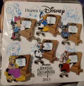 Disney Pin SetDrawn to  Annual Pass Holder Exclusive 2015  Stitch Olaf Rapunzel - Picture 1 of 8