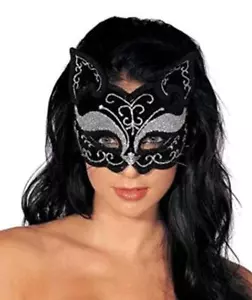 Cat Mask - Black/Silver - Glitter - Deluxe Costume Accessory - Adult Teen - Picture 1 of 6