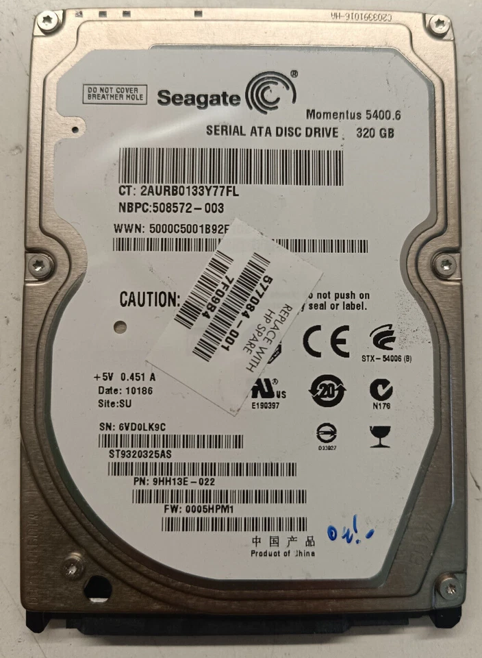 Seagate Momentus 5400.6 320gb ST9320325AS 0005HPM1 9HH13E-022 100535602 2.5 SATA - Image 1 of 1