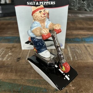 Vintage 2001 Scooter Cat Salt & Pepper Clay Art - Cool Cat On Chrome Scooter NIB - Picture 1 of 20
