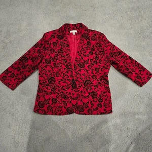 Dressbarn Red Blazer Jacket Velvet Black Floral Rose Embroidered XL Office Siren - Picture 1 of 13
