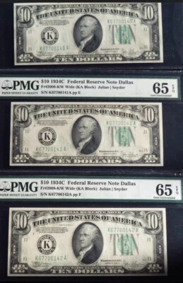 $10 1934C Dallas FRN. Fr. 2008-KW. THREE CONSECUTIVE GEM NOTES.  PMG 65 EPQ - Image 1 of 4