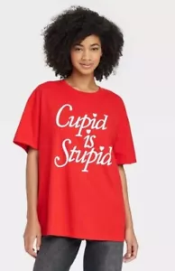 Size XL Women's Cupid Is Stupid Oversized Short Sleeve Graphic T-Shirt - Red - Picture 1 of 2