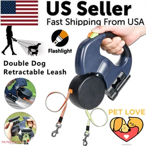 Dual Pet Leash Retractable Reflective Lead 360 Swivel Double Dog Walking Leash - Picture 1 of 19