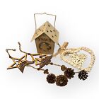 Lot of wooden Christmas decorations to hang lantern, heart, tree, star