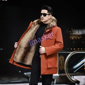 Men's Fur Lining Jacket Parkas Long Mink Fur Liner Thickened Fur Military Coats - Picture 1 of 16