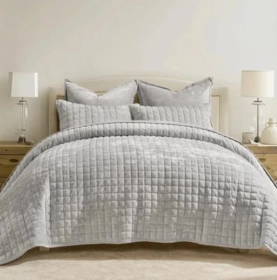 Oake Velvet Quilted Coverlet Gray Full / Queen New - Image 1 of 4