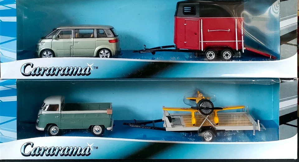 Cararama 1:43 x2 VW Microbus + Horsebox / VW T2 Pickup + remolque/carga avión Nuevo en caja Foto 1 de 4