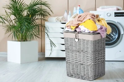 Premium Grey Paint Laundry Wicker Basket Cotton Lining With Lid Bathroom Storage - Image 1 of 4