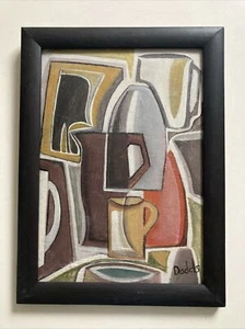 VINTAGE ABSTRACT OIL PAINTING GEOMETRIC JUGS FRAMED SIGNED BLOOMSBURY LOOK - Picture 1 of 11
