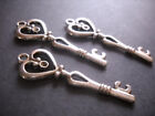 3 Skeleton Key Charms Antiqued Silver Steampunk Pendants Heart Top 42mm