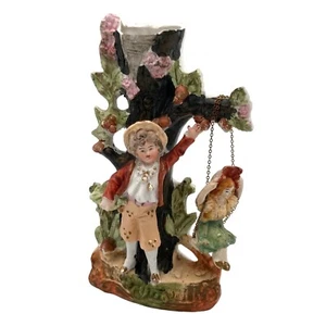 Estatuilla antigua de brote de porcelana Bisque brote derrame niño niña en árbol columpio estampado - Imagen 1 de 13