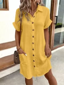 Women's Summer V Neck Short Sleeve Button Single Breasted Dress - Picture 1 of 16