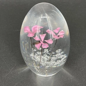 GORGEOUS DAUM PINK FLOWERS ART GLASS EGG SHAPED PAPERWEIGHT SIGNED BY ARTIST - Picture 1 of 10
