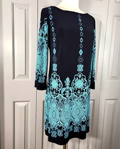 EN FOCUS Blue Teal Stretch Jersey Shift Dress Petite Sz 10P Paisley 3/4 Sleeve - Picture 1 of 8