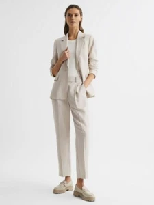 $210 REISS Shae Taper Tapered Linen Trousers | Oatmeal | UK 10R / US 6R - Picture 1 of 10