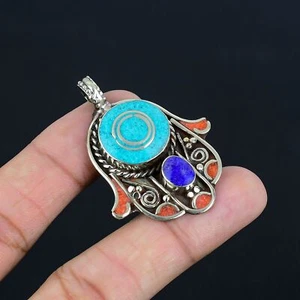 Turquoise Coral Lapis Lazuli 925 Sterling Silver Tibetan Pendant 1.9" VJ 2050 - Picture 1 of 5
