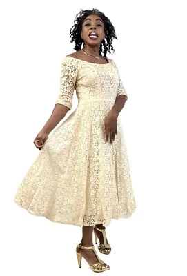 Vestido Retro Glamour De Colección Años 50 Marfil Encaje Boda Fiesta Aurora Lentejuelas Avispa Cintura S Foto 1 de 4