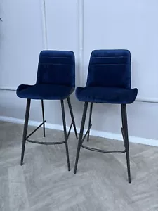 Stunning Furniture Village Samurai Pair Of Blue Velvet Bar Stools Ready To Ship - Picture 1 of 12