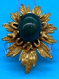 Castlecliff Brooch Faux Jade Stone Textured Gold-Tone Flower 2" Tallx1.75" Wide - Picture 1 of 4