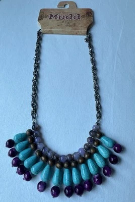 Collar MUDD Madera Púrpura e Imitación Turquesa Cuentas Cadena Tono Plateado Nuevo con Etiquetas Foto 1 de 3