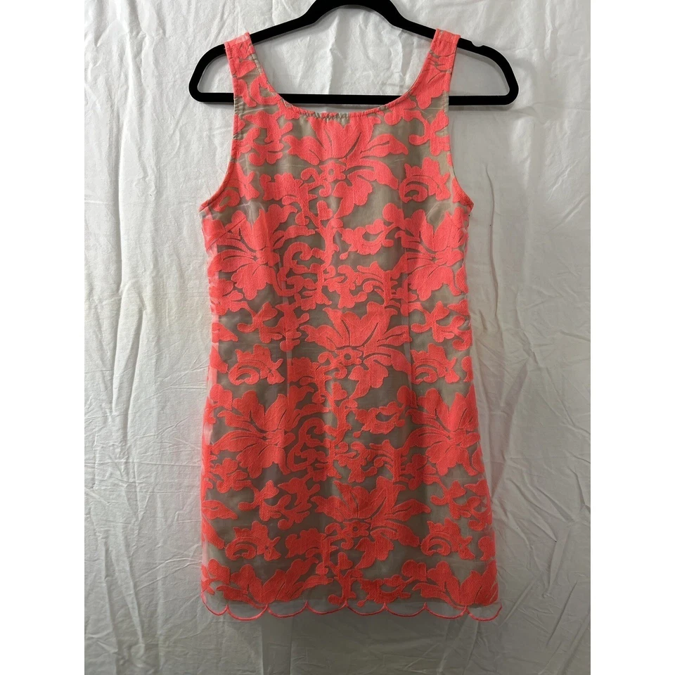 Vestido Vaina Coral Encaje Superpuesto Malla Transparente Desnudo Forrado Dobladillo Festoneado Mujeres Foto 1 de 4