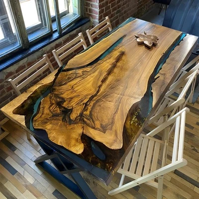 Custom Blue Epoxy Resin Wood Kitchen Table Top | Handcrafted Modern Furniture - Image 1 of 4