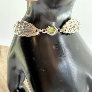 Artisan Sterling 925 Spoon Bracelet Green Tourmaline Cabochon Magnetic Clasp - Picture 1 of 18