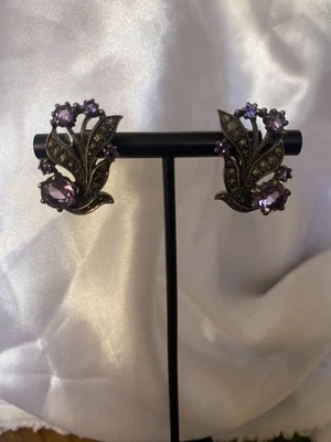 925 Silver Purple Amethyst Marcasite Vintage Earrings - Image 1 of 3