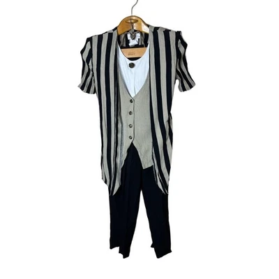 Pride And Joy Pant Set Size 10 Black Striped 3 Button Vest Layered Look Vintage - Image 1 of 4