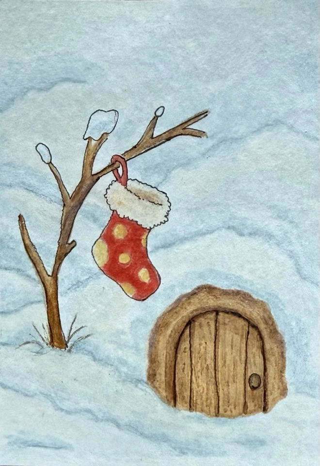Little Stocking ACEO Pintura Acrílica Original Natal Feriado Inverno Arte Carvalho - Imagem 1 de 1