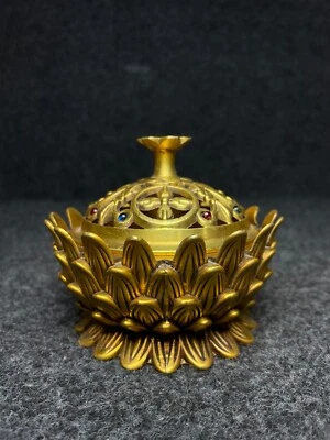 Quemador de incienso de loto de latón con incrustaciones múltiples piedras preciosas hecho a mano dinastía Qing de 3,9" Foto 1 de 4