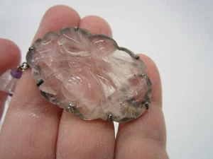 Estate Vintage Sterling Silver Carved Rose Pink Quartz Flower Amethyst Necklace - Picture 1 of 7