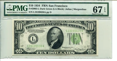 Fr 2005-L  1934 $10 Federal Reserve PMG 67 EPQ SUPERB GEM UNC ***TOP POP 2/0*** - Image 1 of 2