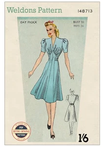 40er Jahre Weldons Kriegszeit Tee Kleid Schnittmuster - Flirty Vintage Style, Büste 32 - Bild 1 von 3